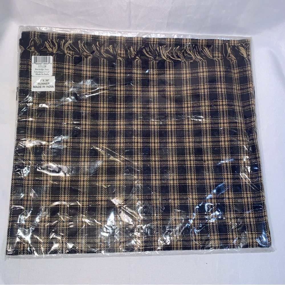 Park Designs Cotton Table Runner Sturbridge Blue Tan Plaid Woven Country 13”x36”
